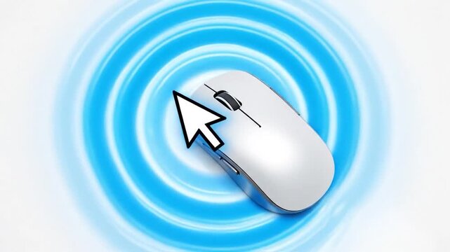 Wireless computer mouse with a digital cursor pointing on a clean white