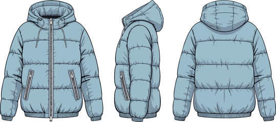 Technical flat vector illustration of blue puffer jacket with front, side and back view, zipper detail winter outerwear fashion design sketch © Rafad_Studio