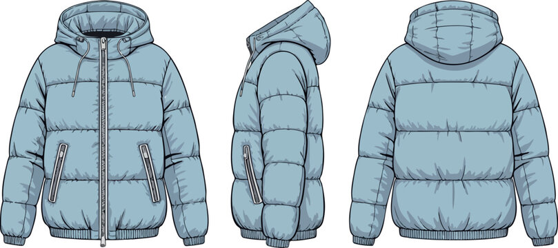 Technical flat vector illustration of blue puffer jacket with front, side and back view, zipper detail winter outerwear fashion design sketch