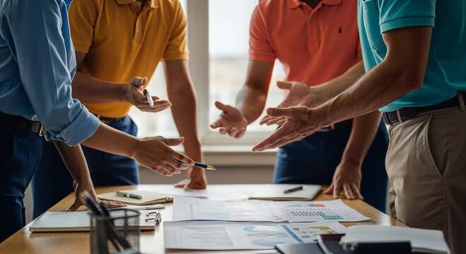 Group of professionals reviewing documents at a tabletop meeting