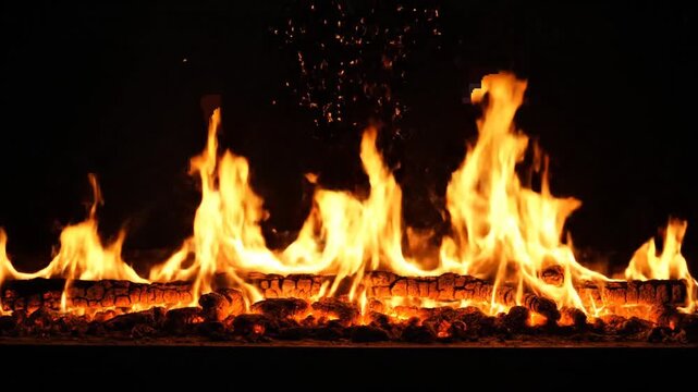 Warm Fireplace Flames Dancing Over Burning Logs.