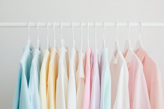 Clothes in soft colors hang on a simple rack against a light wall in a modern setting with ample space for design