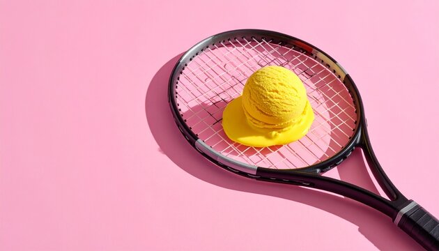 Vibrant tennis racket with melting yellow ice cream on pink background