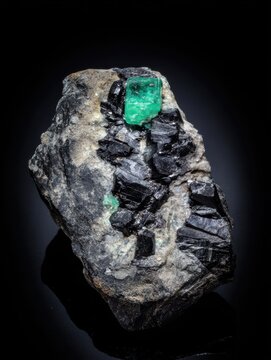 Raw emerald in matrix, green beryl crystals embedded in black schist rock, geological specimen