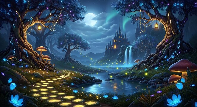 Enchanted Forest Path Leading to a Fairytale Castle Under Moonlight.