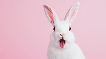 Fototapeta premium Cute rabbit with surprised expression on pink background looking curious and surprised in bright light moment