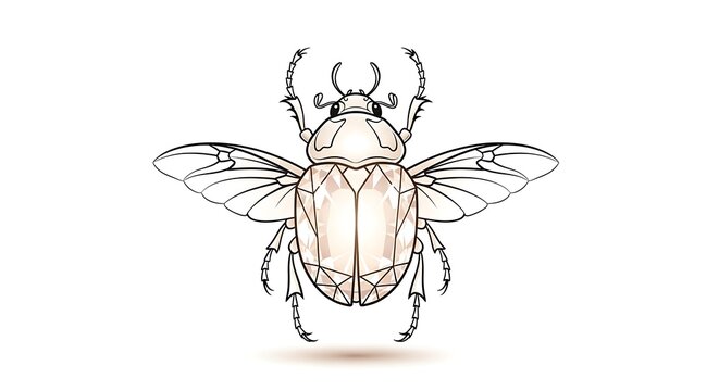 Detailed Hand-Drawn Illustration of a Flying Beetle with Transparent Wings.