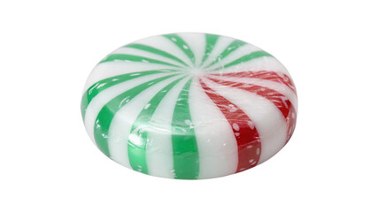 A large peppermint candy with red and green stripes on a black background