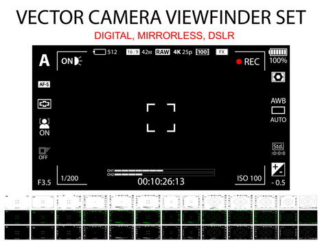 Camera focusing screen 39 in 1 pack - digital, mirorless, DSLR, cameraphone. White, black and green viewfinders camera recording. 4K ready detailed templates. Vector illustration