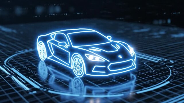 Futuristic glowing blue outline of a car chassis on a dark digital grid