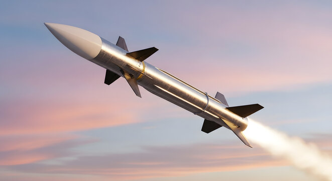 Powerful missile launching into the sky with vibrant sunset background