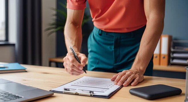 Person signing paperwork at desk