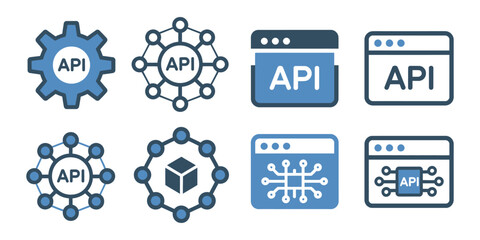 Diverse API Integration and Connection Icons Including Networking, Web Interfaces, and Data Flow Symbols