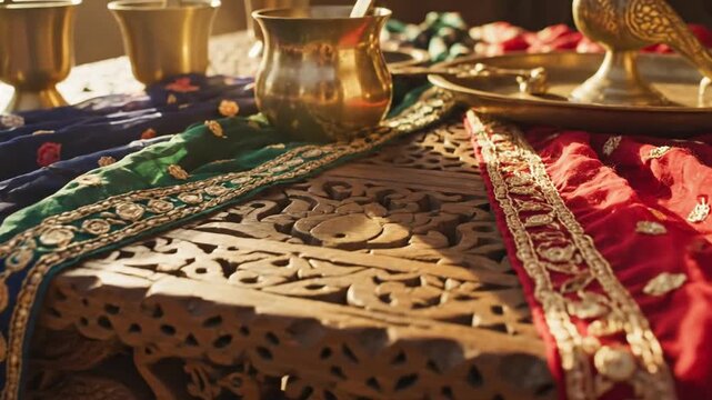 Intricately carved wooden table draped with colorful textiles and brass utensils