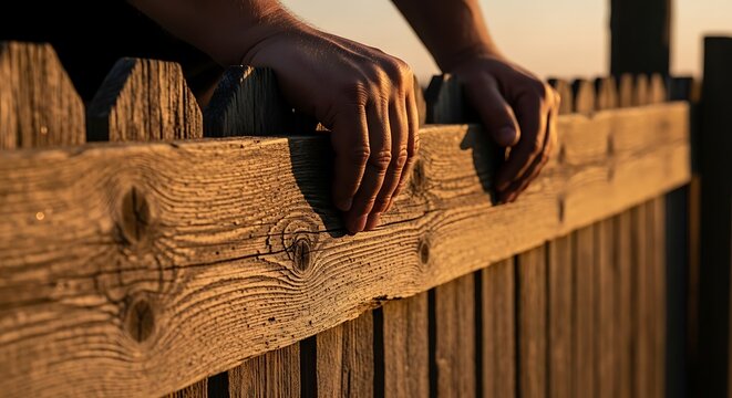 Man's hands gripping a weathered wooden fence at sunset, warm golden hour light