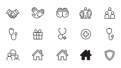 Fototapeta premium Healthcare and community icons handshake hands gift stethoscope cross house shield people caring sharing