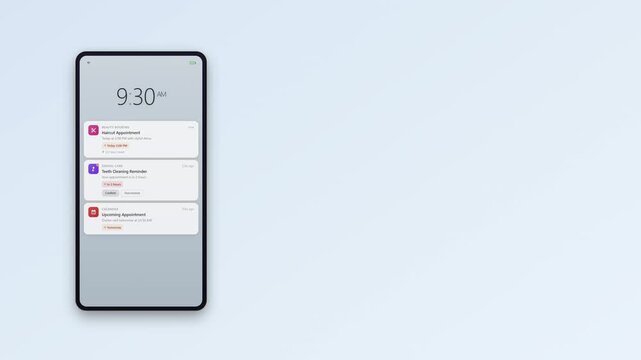  Appointment reminder notifications smartphone push alerts doctor dentist salon booking service calendar confirm reschedule health wellness scheduling app mobile interface animation