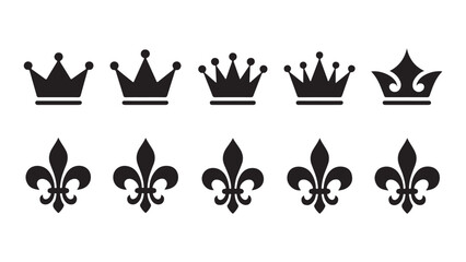 Collection of simple black crown and fleur de lis icons, royal heraldic symbols © MOST AKTER