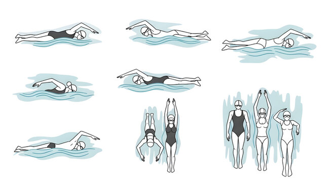 CAD People Swimming Top View Vector Set &ndash; Men and Women Pool Symbols for Architecture and Landscape Plans