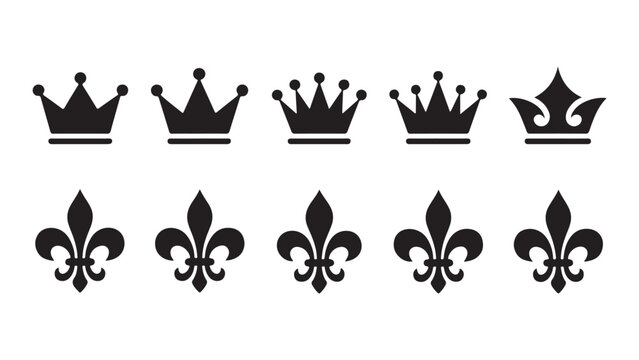 Collection of simple black crown and fleur de lis icons, royal heraldic symbols
