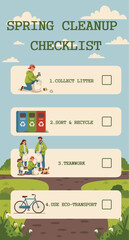 Fototapeta premium Spring cleaning checklist infographic template with family volunteers, eco friendly lifestyle and community cleanup day concept