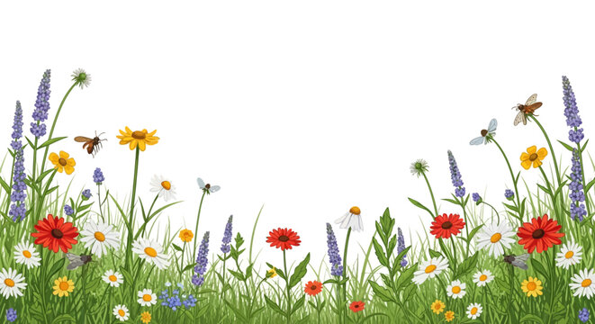 Colorful wildflowers and insects in a lush green meadow