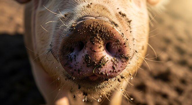 Close-up macro shot of a pig's snout covered in mud and dirt on a sunny day