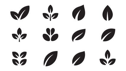 Collection of simplified black leaf and plant icons representing growth and nature themes