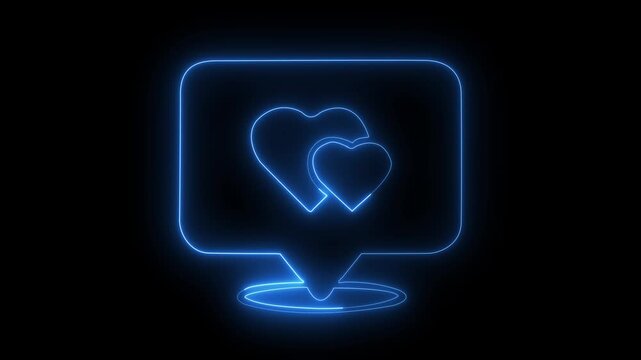 Neon line heart message love icon animation. Social media user interface quick increase. Glowing neon thumb up like love react icon video on black background. 4K video