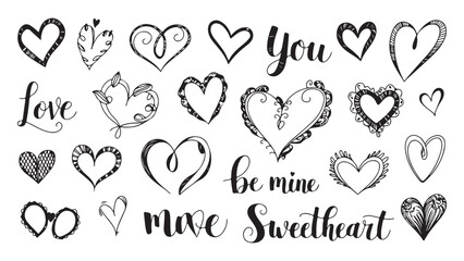 Large collection of hand drawn love themed hearts and romantic typography on white background © Bd Artist