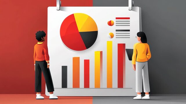 Minimalist cartoon style illustration of a man and woman discussing with a business graph on a board, representing teamwork, strategy planning, and professional collaboration.