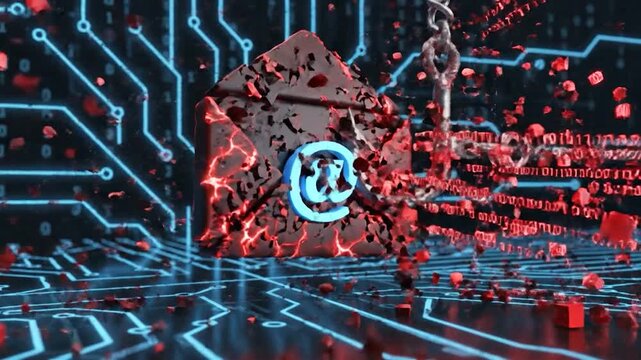 Digital email security threat with a fishing hook on a circuit board background