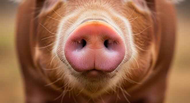 Extreme close-up of a pig's snout, showing its texture and pink nostrils in detail