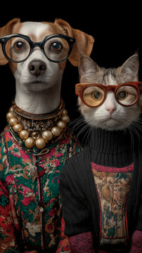 Cool fashionable dog and cat in bright clothes and glasses. Surreal.