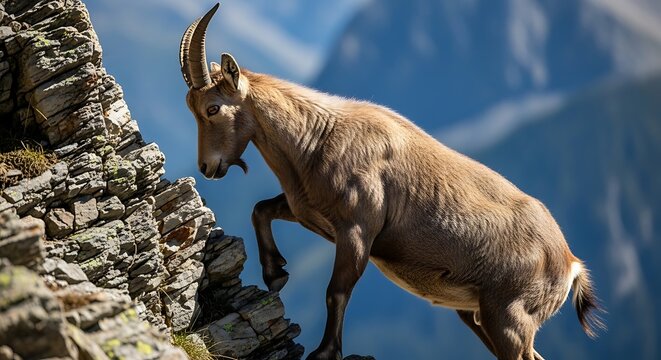 Alpine ibex carefully climbs steep rocky mountain terrain with majestic blue sky background