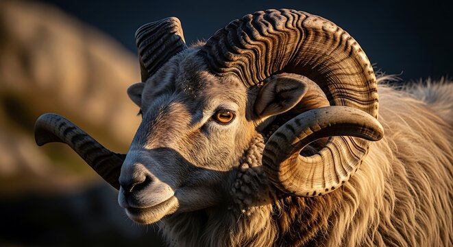 Majestic bighorn sheep with impressive curled horns in golden hour light