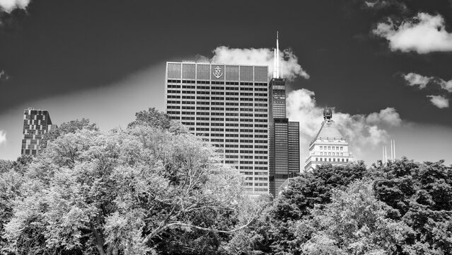Downtown Chicago skyscrapers with blue sky from Millennium Park