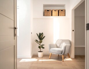 Fototapeta premium A serene gray chair sits beside a potted plant in a sunlit modern hallway with minimalist decor and wooden flooring