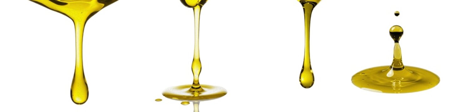Dripping golden cooking oil, extra virgin olive oil pour, liquid yellow vegetable oil drops, organic grease splash, isolated on white background, PNG, SEO keywords