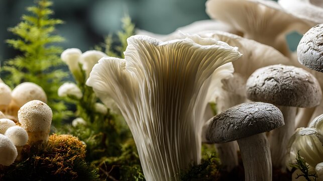 Diverse Forest Mushrooms Growing on Mossy Floor, Close-Up Fungi with Gills and Textured Caps, Biodiversity and Natural Woodland Beauty, Botanical and Mycology Photography
