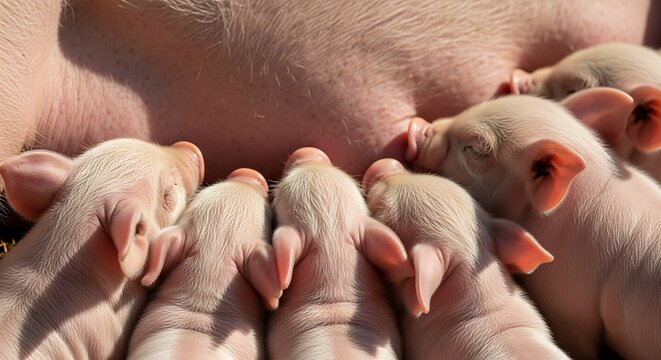 Adorable piglets huddled together, nursing from their mother in a warm, sunlit scene