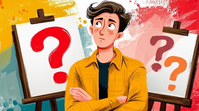 Cartoon style illustration of a businessman thinking with work documents and floating question marks around, symbolizing problem solving, uncertainty, and business decision making.