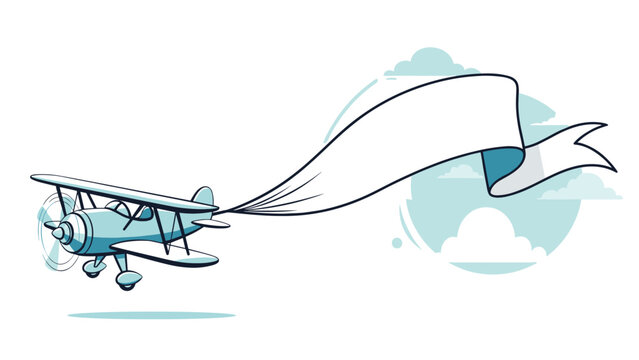 Vintage blue biplane flying through white clouds while towing a long flowing white banner for advertising purposes.