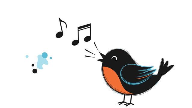 Small black and orange robin bird sings out loud with musical notes floating from its beak in a charming and artistic nature illustration.