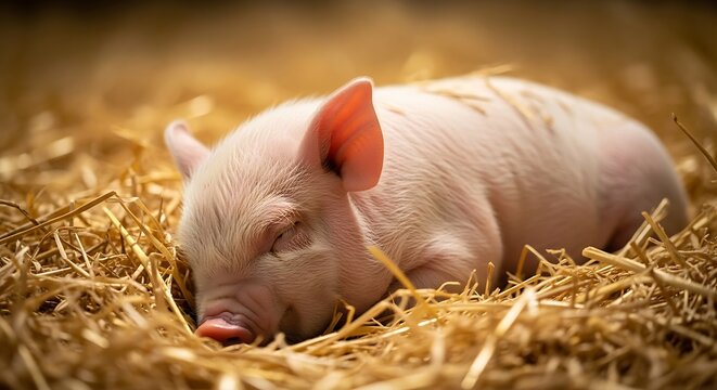 Adorable baby piglet sleeping peacefully in soft golden straw on a farm