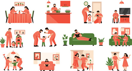 Fototapeta premium Family Daily Life Scenes Collection Parents and Children at Home Vector Illustration Set