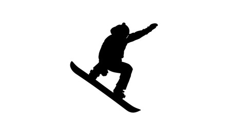 Silhouette of a snowboarder performing a trick against a white background.