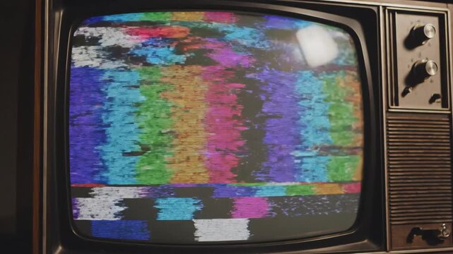 Vintage television screen displaying a colorful test pattern with static and noise evoking nostalgia for analog broadcasting and retro technology.