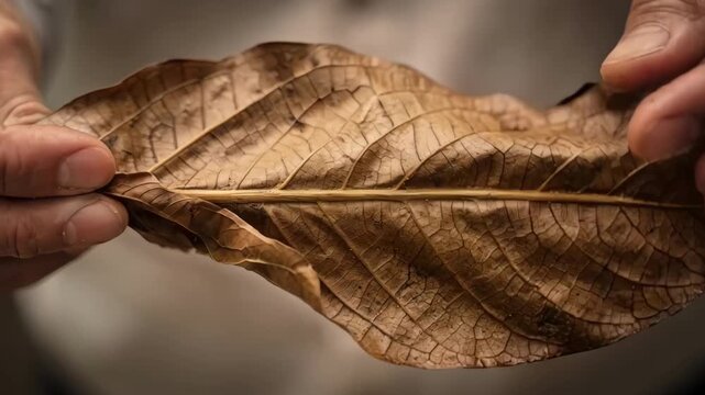 Focused footage of a shadegrown cigar wrapper being carefully positioned and stretched showcasing the leafs unique veiny pattern and delicate manipulation.