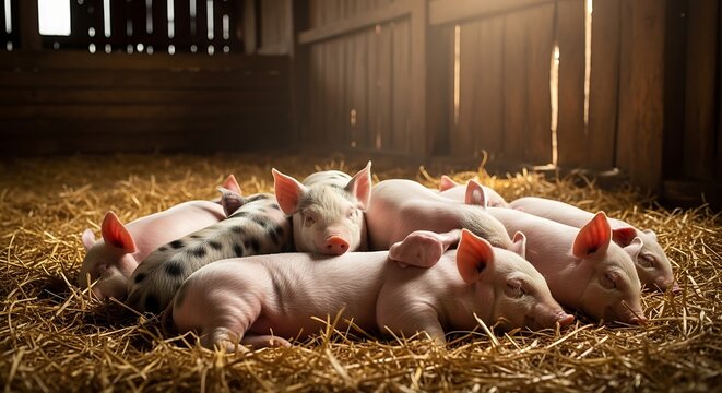 Adorable piglets sleeping peacefully together in a cozy barn on a bed of straw